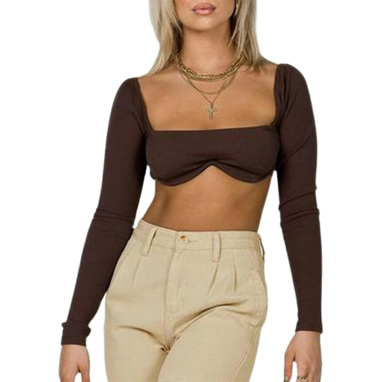 Qiylii Women Sexy Bodycon Ribbed Crop Top Long Sleeves T-Shirt with  Underwire