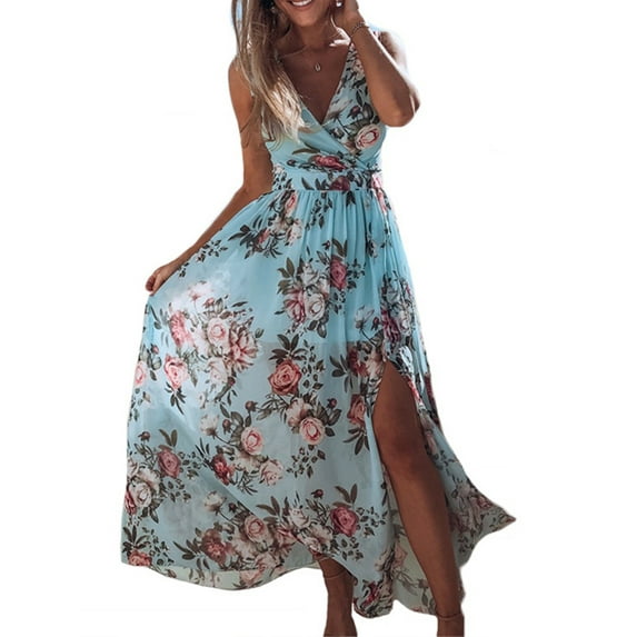 Qiylii Women Sexy Dress, Sleeveless Floral Deep V-Neck High Split Dress