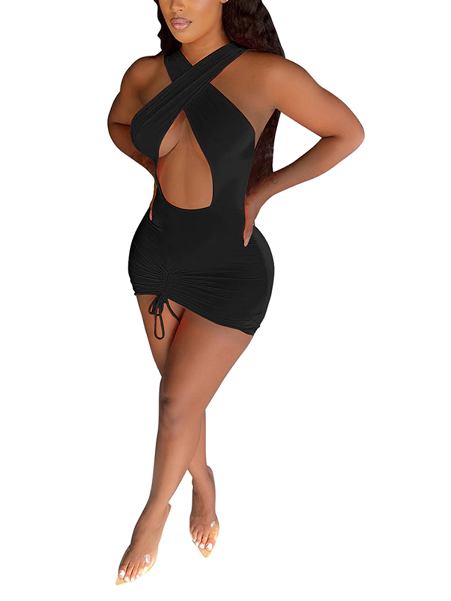 Qiylii Women Sexy Dresses, Sleeveless Cross Halter Neck Solid Color Hollow  Out One-piece Dress, S/ M/ L/ XL/ XXL - Walmart.com
