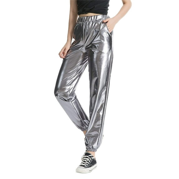 Qiylii Women Shiny Metallic Pants,High Waist Stretchy Holographic Color Trousers