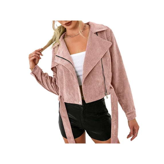 Qiylii Women Solid Color Corduroy Jacket Long Sleeve Short Style Zipper Coat