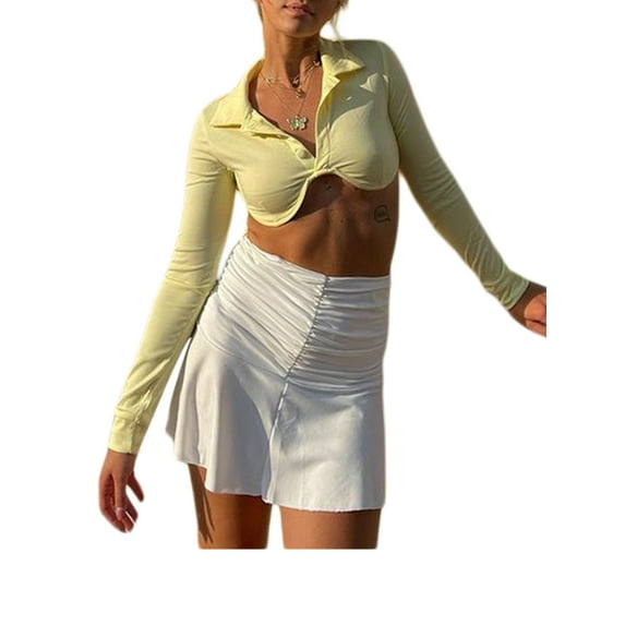 Qiylii Women Solid Color Crop Tops Button Lapel Exposed Navel Long Sleeve T-shirt