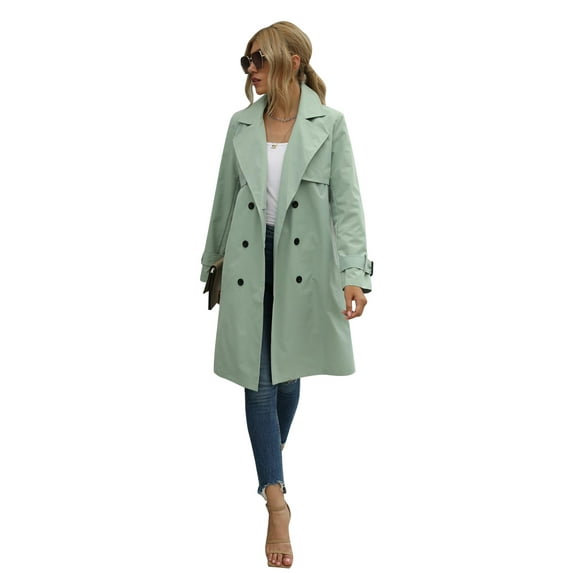 Qiylii Women Solid Color Long Sleeve Lapel Double Breasted Belted Trench Coat