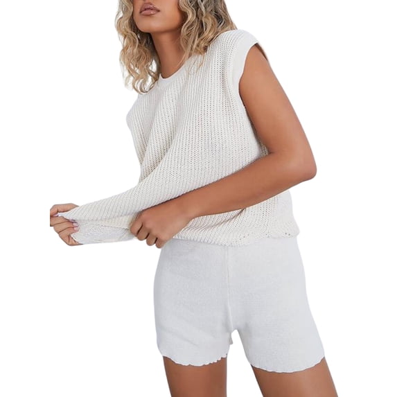 Qiylii Women Solid Color Outfits, Loose Round Neck Knit Tops + Shorts