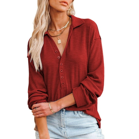 Qiylii Women Solid Color T shirt Lapel-neck Long Sleeve V neck Tops with Buttons