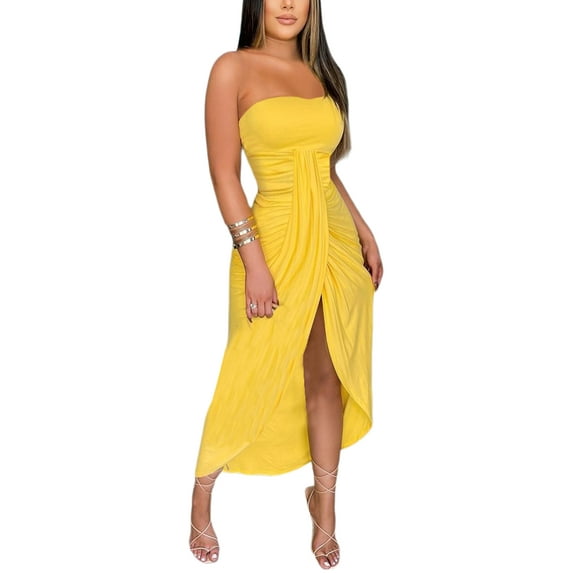 Qiylii Women Strapless Dress, Solid Color High Waist Split Hem Dress