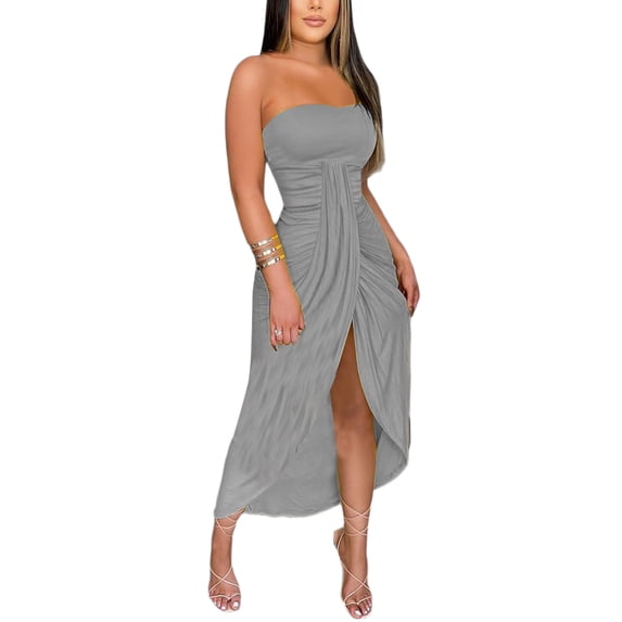 Qiylii Women Strapless Dress, Solid Color High Waist Split Hem Dress
