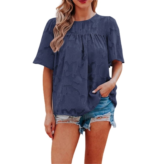 Qiylii Women Summer Chiffon Shirts Solid Color Lace Loose Casual Flared Short Sleeve Tops Blouse Streetwear for Daily
