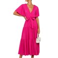 thumbnail image 1 of Qiylii Women Summer Dress with Waist Belt, Plain Short Sleeve Ruched V-Neck Loose Dress, Ladies Casual Long One-Piece, 1 of 5