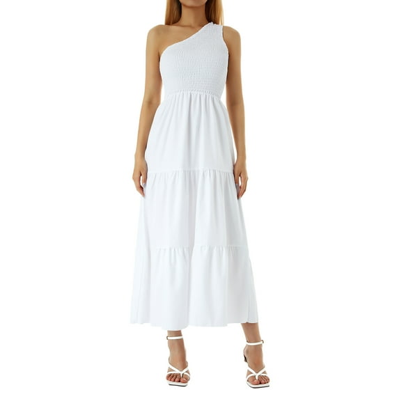 Qiylii Women Summer One Shoulder Sleeveless Boho Maxi Dress Casual Solid Color High Waist A Line Tiered Midi Beach Dresses