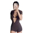 thumbnail image 1 of Qiylii Women Velvet Bodysuit,Lapel Neck Short Sleeve Zipper-Open Tight Jumpsuit, 1 of 4