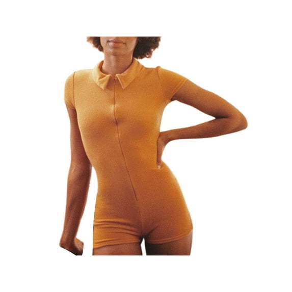 Qiylii Women Velvet Bodysuit,Lapel Neck Short Sleeve Zipper-Open Tight Jumpsuit