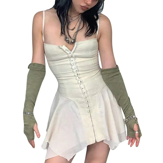 Qiylii Women Vintage Lace Patchwork Mini Dress V Neck Spaghetti Strap Ruffles Aesthetic Fairy Grunge Short Dress 90s Streetwear