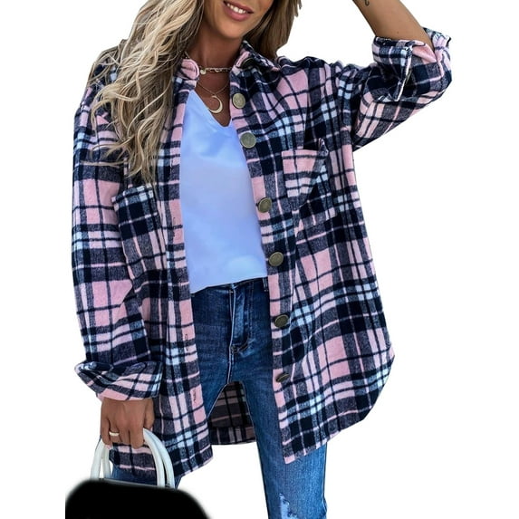 Qiylii Women Vintage Long Sleeve Lapel Plaid Shirt Pockets Coats Tops Shacket Casual Buttoned Cardigan Jackets Outerwear