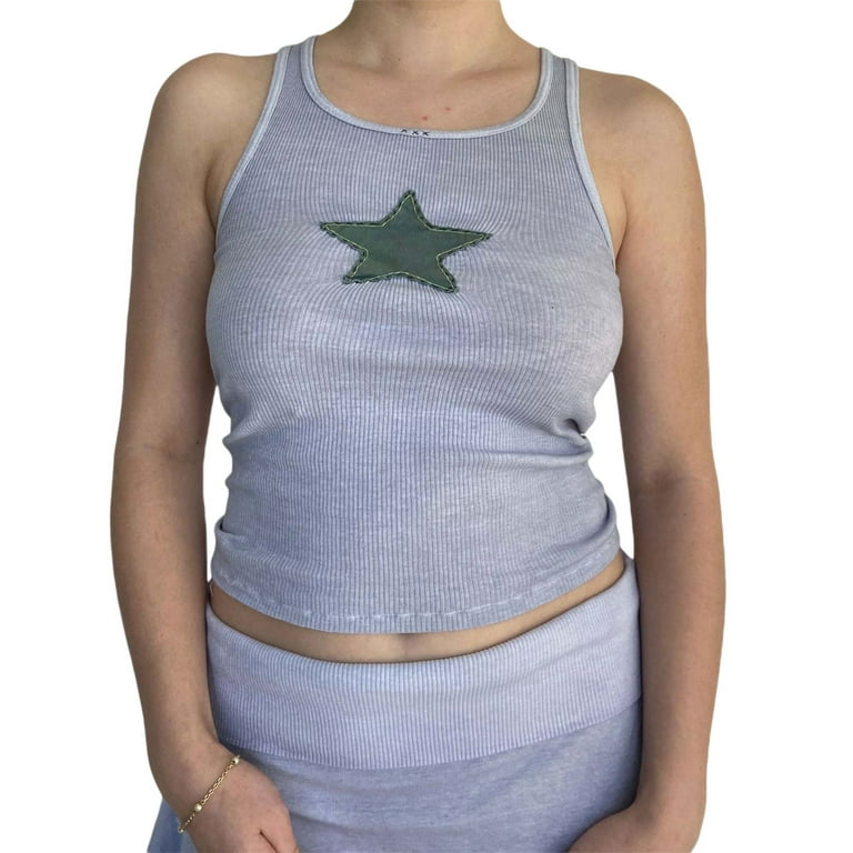 Qiylii Women Vintage Summer Y2K Tank Tops Retro Star Printed Sleeveless  Crop Vest Tops for Streetwear