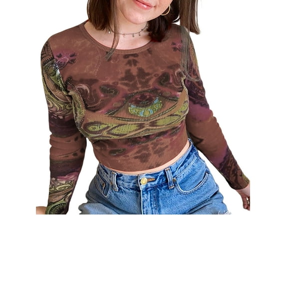 Qiylii Women Y2K Crop Tops, Printed Long Sleeve Round Neck Pullover T shirt