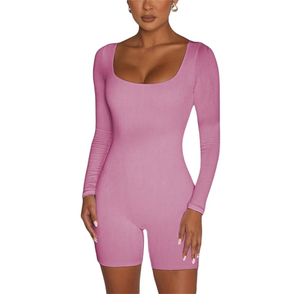 Qiylii Women Yoga Jumpsuits Workout Ribbed Long Sleeve Sport Jumpsuits Bodycon Full Body Romper Bodysuit One-Piece Playsuit