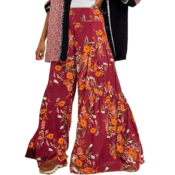 Qiylii Women's Belted Palazzo Pants, Bohemian High Waist Floral/Plaid/Paisley Print Loose Beach Pants