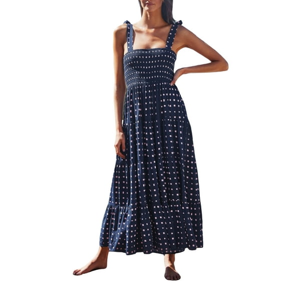 Qiylii Women's Boho Tie Strap Floral Ruffle A Line Beach Long Maxi Swing Dress