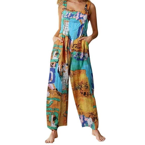 Qiylii Women's Casual Bohemian Suspender Jumpsuit,High Waist Vintage Overalls Loose Romper Wide Leg Bib Pants
