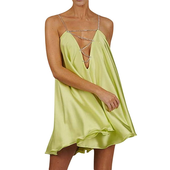 Qiylii Women's Casual Chain Sling Dress Deep V-Neck Backless Short Dress Solid Color Cutout Sexy A-line Party Dresses