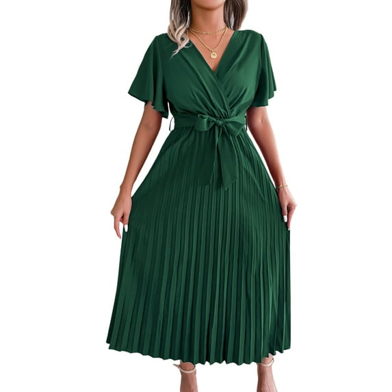 Qiylii Women's Casual Dresses V Neck Short Sleeve Pleated Big Hem Solid Color Long Dress with Belt