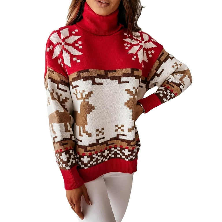 Qiylii Women s Christmas Turtleneck Sweaters Long Sleeve High Collar Knit Tops