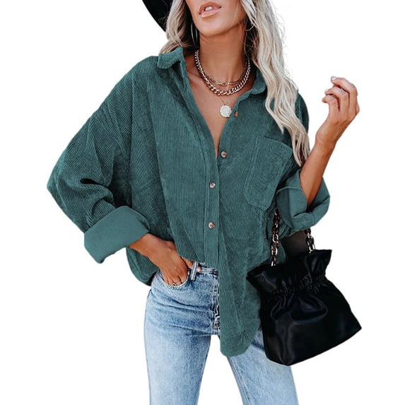 Qiylii Women’s Corduroy Coat Solid Color Button Long Sleeve Lapel Tops