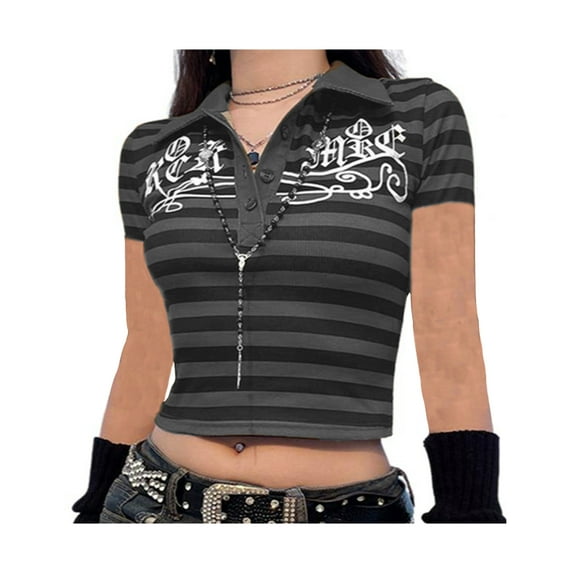 Qiylii Women's Crop T-shirt, Printing Stripe Front Button Turn-Down Collar Short Sleeve Slim Fit Tee Shirt Crop Tops