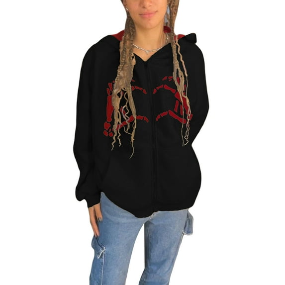 Qiylii Women's Full Zip Hoodies, Long Sleeve Heart Skeleton Hand Print Loose Sweatshirts with Pockets