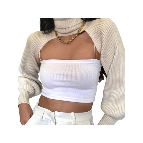 Qiylii Women's High Collar Long Puff Sleeve Sweater Knitwear Pullover Crop Top Ultra Short Cropped Sweater Sweatshirt