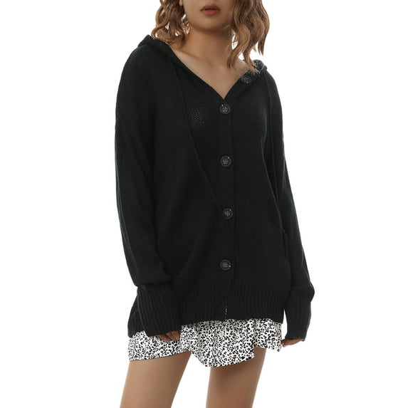 Qiylii Women’s Knitted Cardigan Solid Color Long Sleeve Hooded Long Sweater