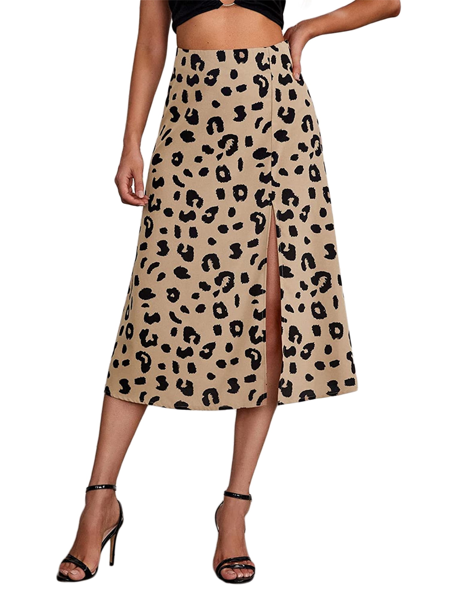 Qiylii Women s Leopard Skirt High Waist Split A line Mid length Skirts