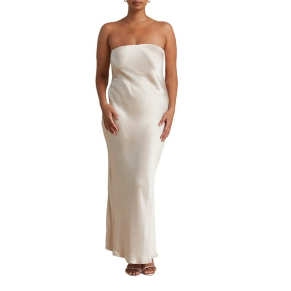 Qiylii Women's Off Shoulder Satin Tube Top Maxi Dresses Sexy Sleeveless Wedding Guest Party Cocktail Evening Formal Dress