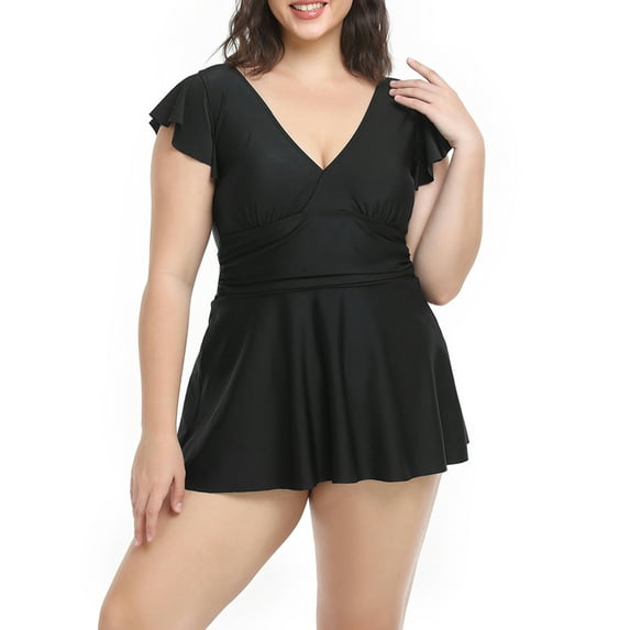 Qiylii Women's Plus Size Bikini Sets 2023 Summer Flying Sleeve V Neck A-line Dress + Solid Color Thong Swimsuit Swimwear XL 2XL 3XL 4XL 5XL