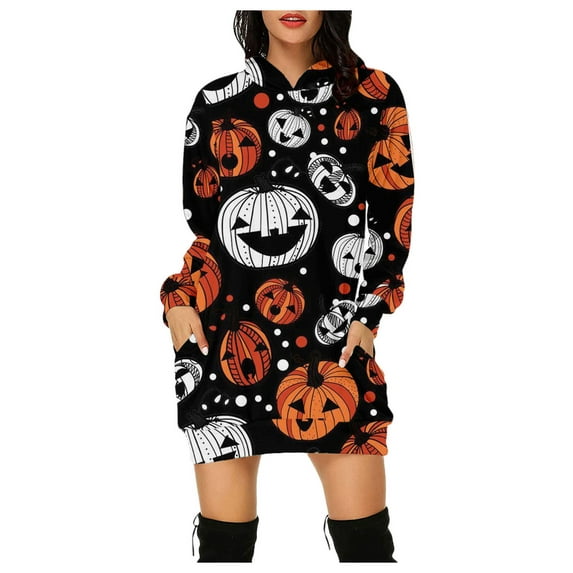 Qiylii Women’s Pumpkin Printed Long Sleeve Hooded Dress with Pocket