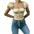 thumbnail image 1 of Qiylii Women's Retro Puff Sleeve Pullover Crop Tops Vintage Square Neck Lace-Up Bandage Exposed Navel Shirt Blouse, 1 of 8