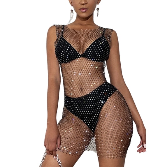 Qiylii Women's Rhinestone Fishnet Cover Up See-Thru Mesh Mini Dress Swimsuit Bikini Coverup Rave Party Clubwear