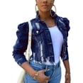 thumbnail image 1 of Qiylii Women's Ripped Denim Jacket, Long Puff Sleeve Button Down Jean Coats, 1 of 4