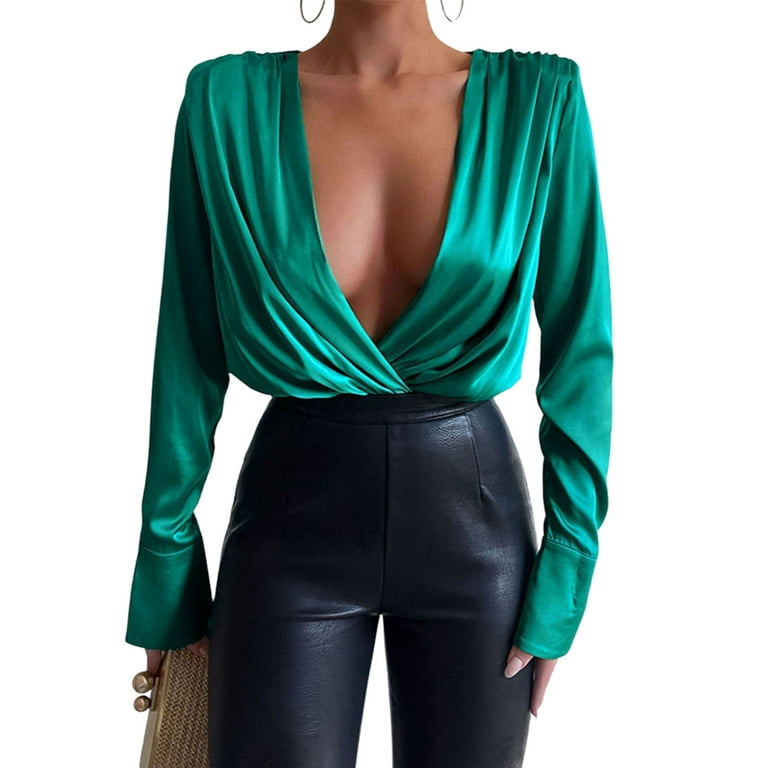 Qiylii Women 's Satin Deep V Neck Long Sleeve Bodysuit Surplice