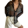 thumbnail image 1 of Qiylii Women's Sheer Button Up Shirt Y2K Long Sleeve Lapel V Neck Mesh Top Vintage See Through Basic Blouse Streetwear, 1 of 5