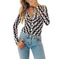 thumbnail image 1 of Qiylii Women's Shirt Wave Pattern Printed Lapel Long Sleeve Buttons Down Short Blouse Tops, 1 of 7
