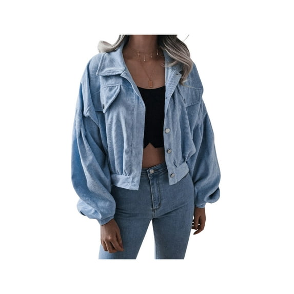 Qiylii Women’s Solid Color Corduroy Jacket Long Sleeve Short Style Button Tops