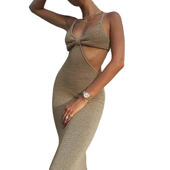 Qiylii Women’s Solid Color Hollow Backless Tight Suspender Long Dress