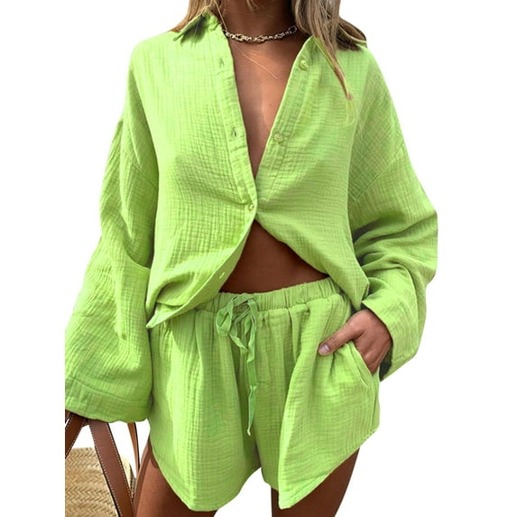 Qiylii Women's Summer 2Pcs Outfit Set, Long Sleeve Lapel Button Shirt + Solid Color Drawstring Shorts