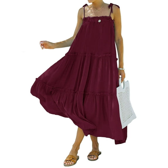 Qiylii Women's Summer Boho Spaghetti Strap Square Neck Solid Color Ruffle A Line Beach Long Maxi Dress