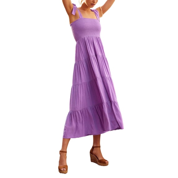 Qiylii Women's Summer Boho Spaghetti Tie Strap Square Neck Floral Ruffle A Line Beach Long Maxi Swing Dress Sundress