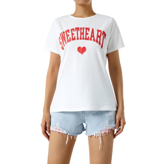 Qiylii Women's T-Shirt Heart/Letter Print Design Short Sleeve Round Neck Summer Breathable Simple Street Tops