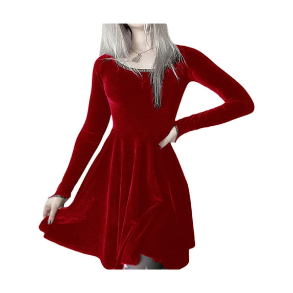 Qiylii Women's Velvet Dress, Solid Color High Waist A-line Dresses One-piece Garment
