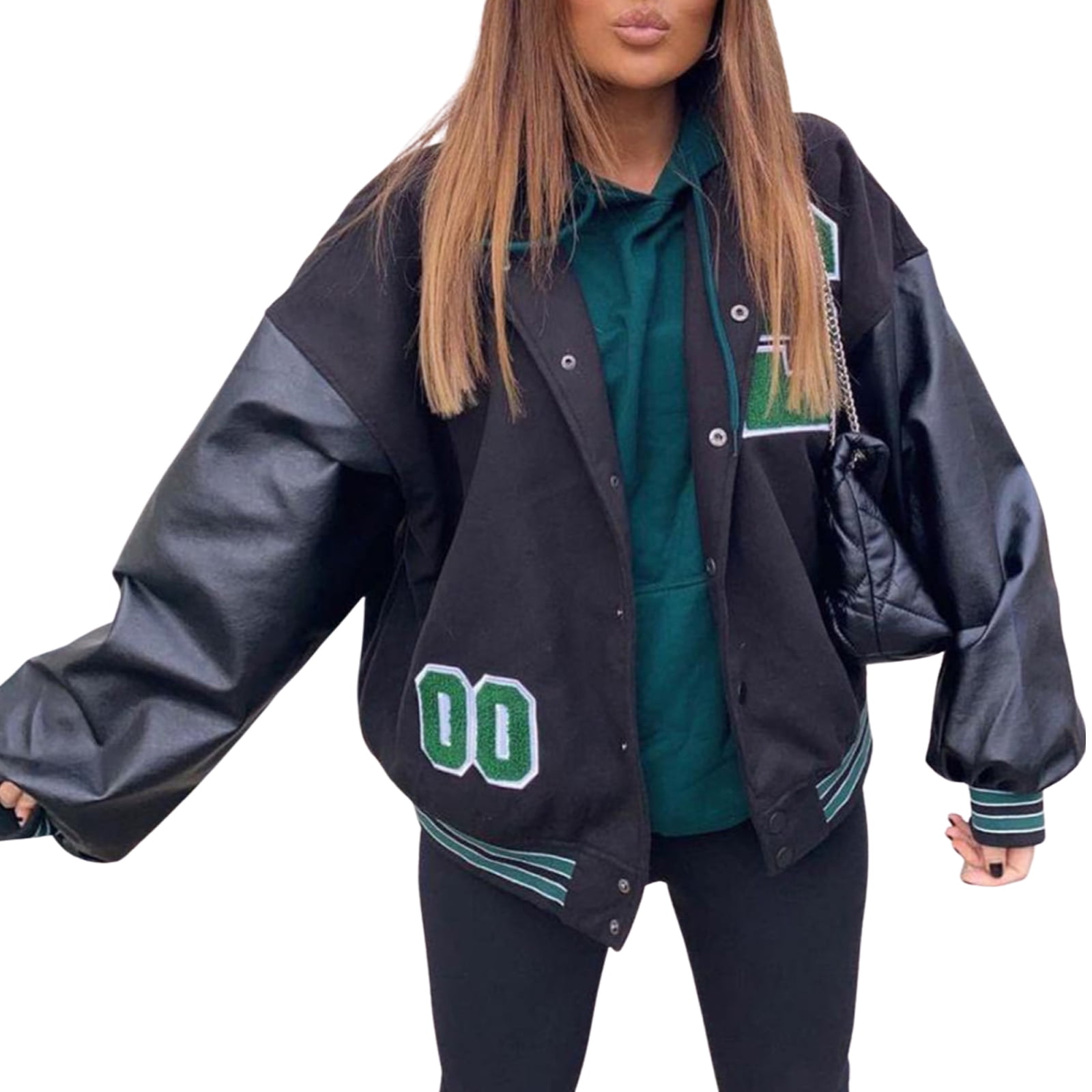 Pu Sleeve Oversized Varsity Jacket